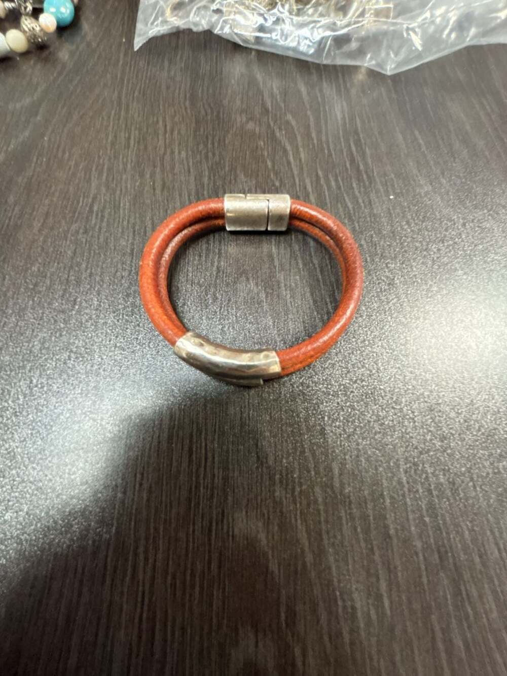 Leather Magnetic Clasp Bracelet Brown Silver Hardware